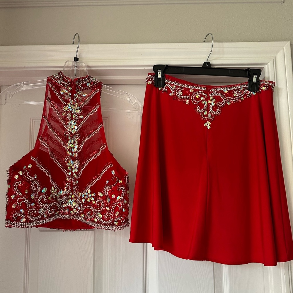 Red two piece beaded homecoming formal dress - Picture 3 of 16